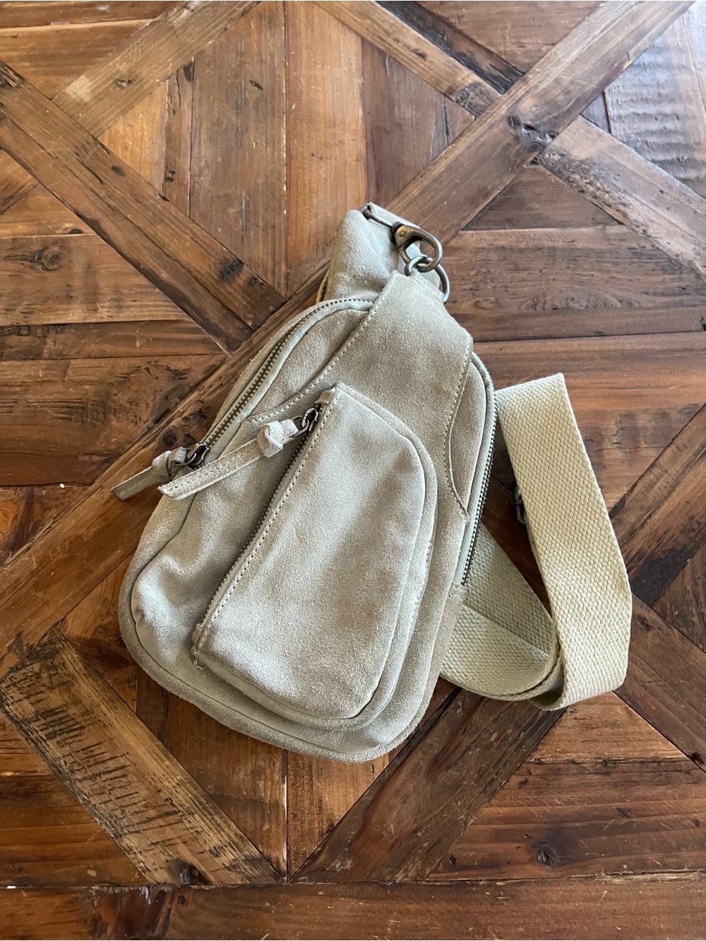 Free People Green Beige Sling Bag for Women with Zip Closure and Outer Pockets